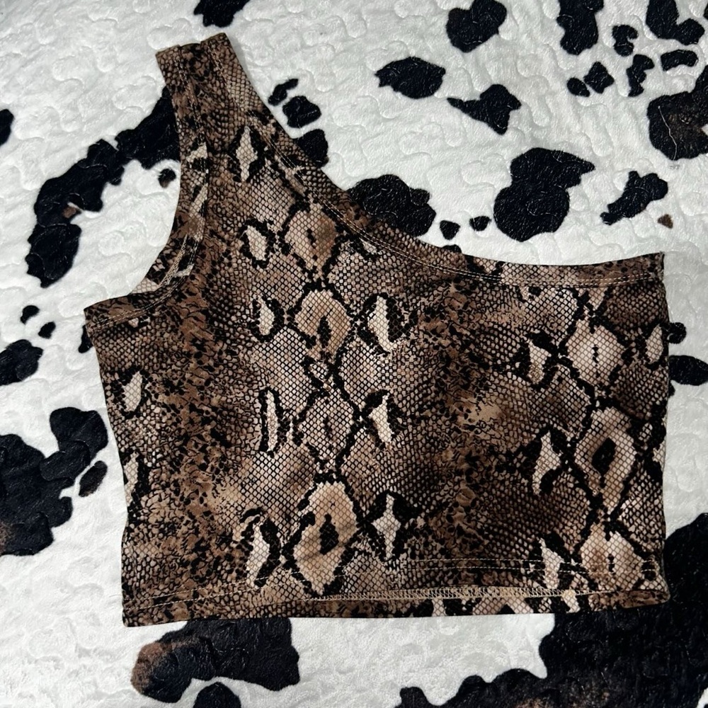 Brown and Tan Snakeskin Crop Top with Metallic Sheen
